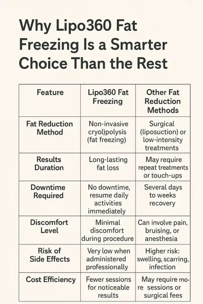 Table showing benefits of fat freezing to remove fat cells Melksham from Lipo 360