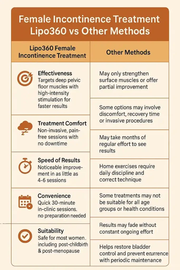 Table showing benefits of incontinence treatment Melksham