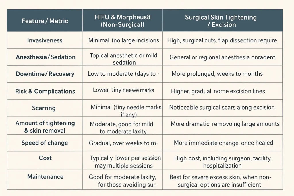Table of skin tightening Melksham benefits compared to surgical options